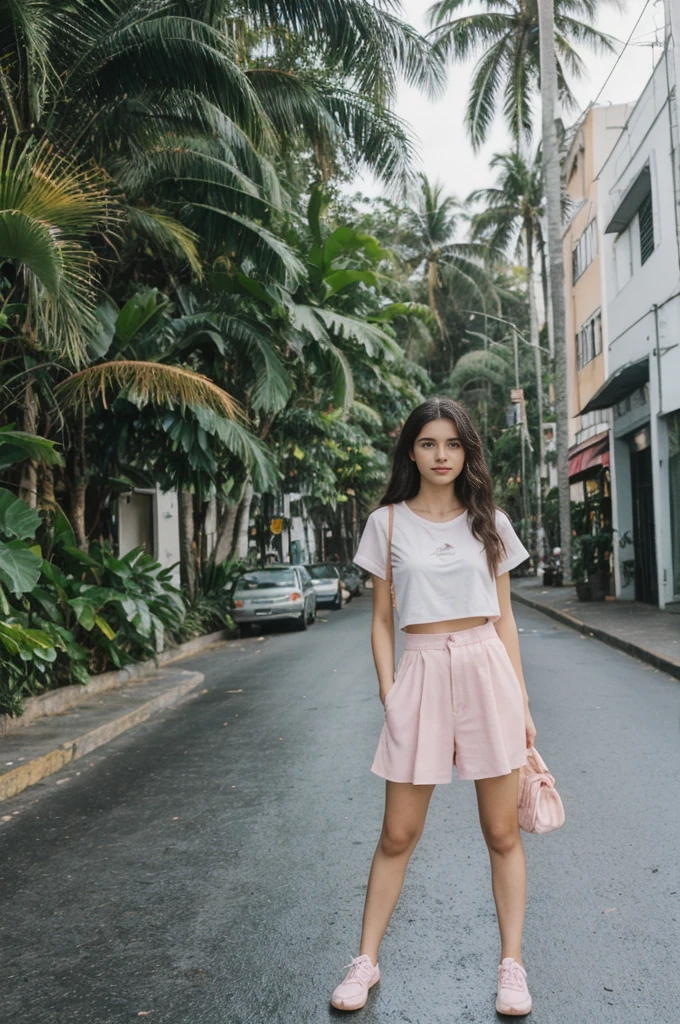 her name is Annie, high quality, 1girl, ((20-year-old fit Caucasian woman)), ((20 years old)), ((fit)) black long hair, pose: standing, wearing pastel colored unique g gen Z modern wear, BACKGROUND: From the colorful neighborhoods of Rio de Janeiro, with its iconic beaches, lush rainforests, and vibrant Carnival celebrations