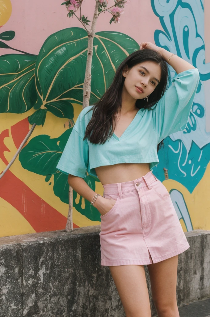 her name is Annie, high quality, 1girl, ((20-year-old fit Caucasian woman)), ((20 years old)), ((fit)) black long hair, pose: standing, wearing pastel colored unique g gen Z modern wear, BACKGROUND: From the colorful neighborhoods of Rio de Janeiro, with its iconic beaches, lush rainforests, and vibrant Carnival celebrations