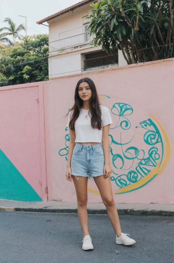 her name is Annie, high quality, 1girl, ((20-year-old fit Caucasian woman)), ((20 years old)), ((fit)) black long hair, pose: standing, wearing pastel colored unique g gen Z modern wear, BACKGROUND: From the colorful neighborhoods of Rio de Janeiro, with its iconic beaches, lush rainforests, and vibrant Carnival celebrations
