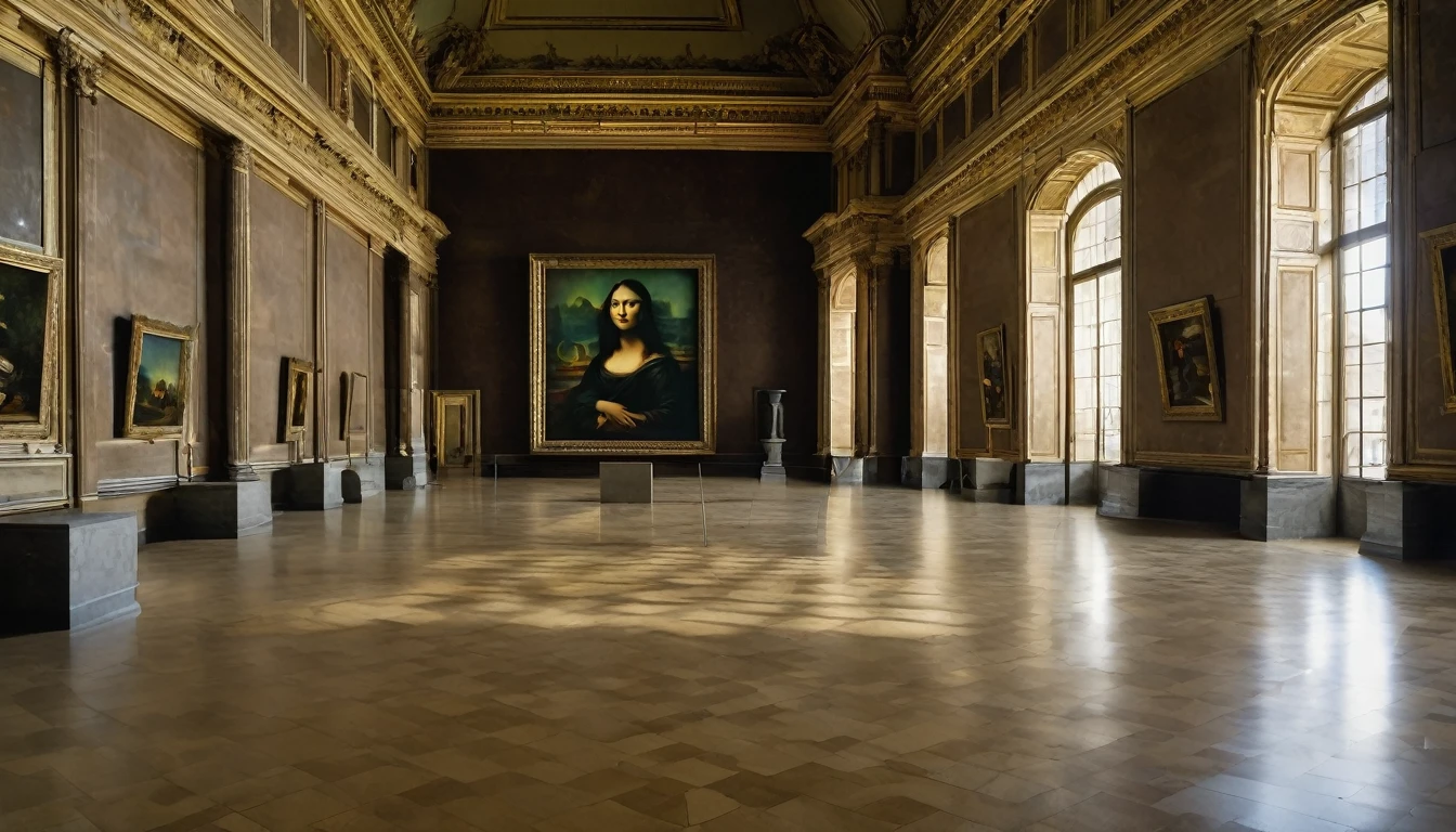 "A dramatic scene of the Louvre with an empty space where the Mona Lisa usually hangs, set in the early 20th century. The atmosphere should be tense and mysterious."