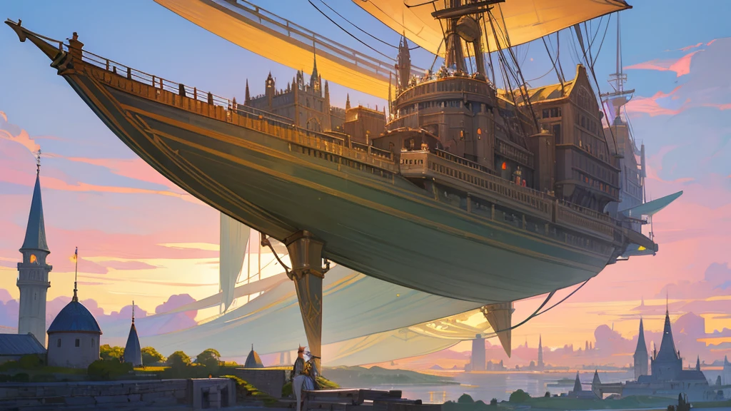 Anime Style,Nostalgic,Detailed background,The medieval world,Airship,Beautiful sky,Beautiful Elf with a Bard's Smile,guitar,Large Breasts,Healthy thighs