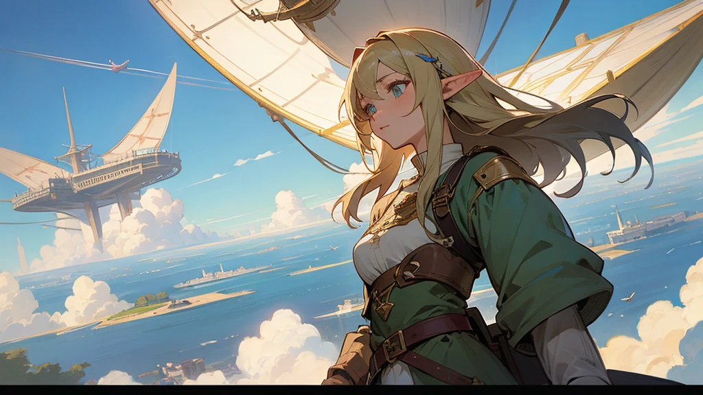 Anime Style,Nostalgic,Detailed background,The medieval world,Airship,Beautiful sky,Beautiful Elf with a Bard's Smile,guitar,Large Breasts,Healthy thighs