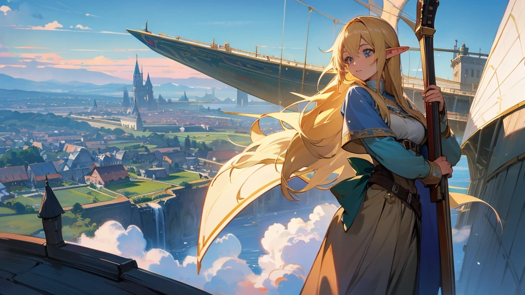 Anime Style,Nostalgic,Detailed background,The medieval world,Airship,Beautiful sky,Beautiful Elf with a Bard&#39;s Smile,guitar,Large Breasts,Healthy thighs