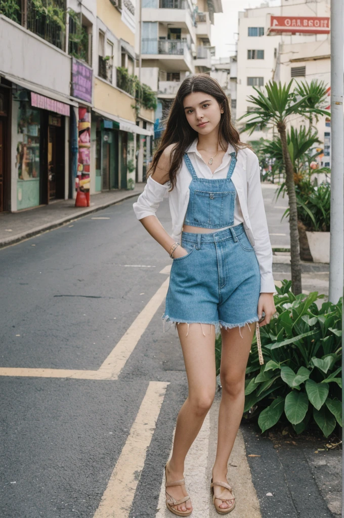 her name is Annie, high quality, 1girl, ((20-year-old fit Caucasian woman)), ((20 years old)), ((fit)) black long hair, pose: standing, wearing pastel colored unique g gen Z modern wear, BACKGROUND: From the colorful neighborhoods of Rio de Janeiro, with its iconic beaches, lush rainforests, and vibrant Carnival celebrations