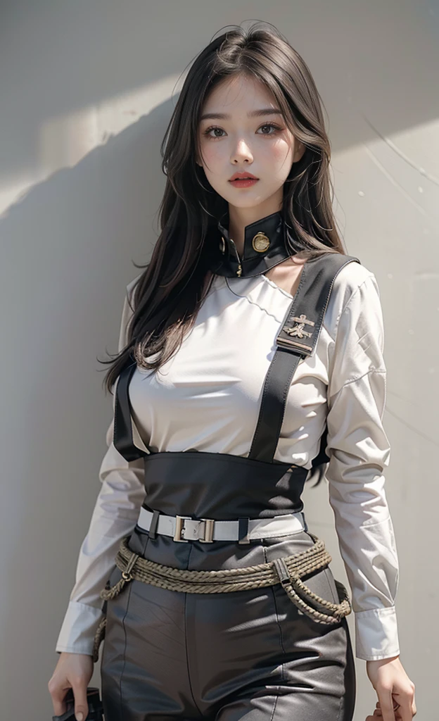 Highest image quality, Outstanding details, Ultra-high resolution, (realism: 1.4), ((close up:0.75)), Best example, Favor the details, Highly concentrated 1lady, 20 years old, beatiful and delicate face, Eyes with spirit,Long hair,Temperament,Perfect proportion,full-body shot,Standing (upright, Normal breast, Chubby:0.4), (Wear, Black-gray mech, Military wiring harness, Holding a machine gun), team leader, Simple gray wall background,