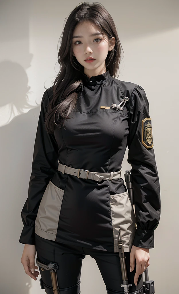Highest image quality, Outstanding details, Ultra-high resolution, (realism: 1.4), ((close up:0.75)), Best example, Favor the details, Highly concentrated 1lady, 20 years old, beatiful and delicate face, Eyes with spirit，Long hair，Temperament，Perfect proportion,full-body shot，Standing (upright, Normal breast, Chubby:0.4), (Wear, Black-gray mech, Military wiring harness, Holding a machine gun), team leader, Simple gray wall background,