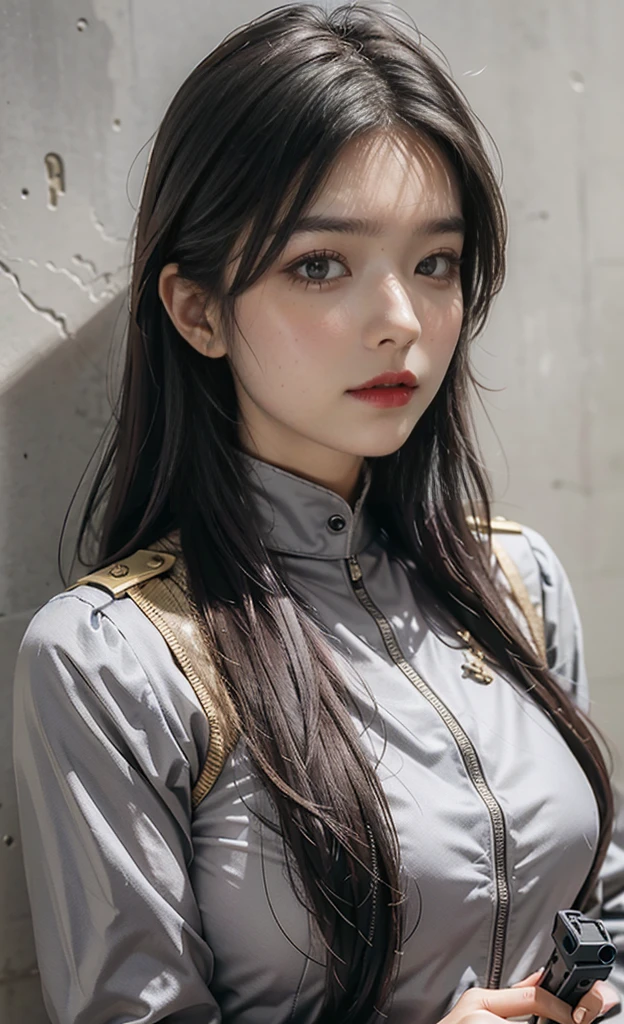 Highest image quality, Outstanding details, Ultra-high resolution, (realism: 1.4), ((close up:0.75)), Best example, Favor the details, Highly concentrated 1lady, 20 years old, beatiful and delicate face, Eyes with spirit，Long hair，Temperament，Perfect proportion,full-body shot，Standing (upright, Normal breast, Chubby:0.4), (Wear, Black-gray mech, Military wiring harness, Holding a machine gun), team leader, Simple gray wall background,