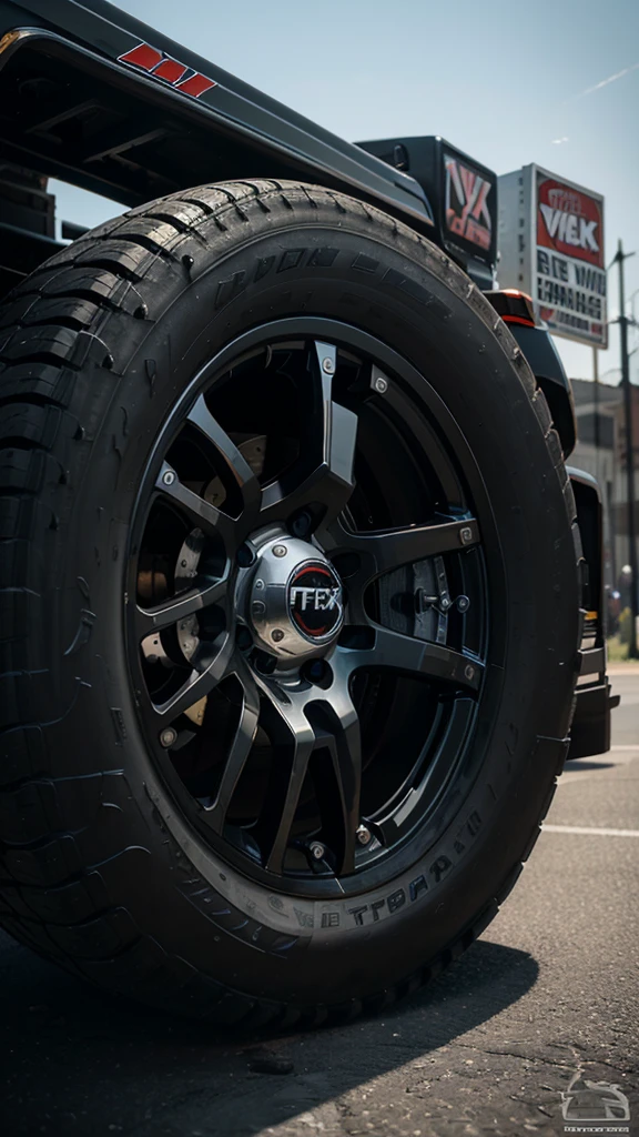 a poster advertising a vehicles for the new york truck company, tire, 1x, steady look, new design, onyx, colour, apex, wheels, new vehicle, teaser, truck, feature, easy, by John Luke, thumbnail, online, wheel, loftis, superior look, composite, promo, vibrant and dynamic, attractive features, tyre mark