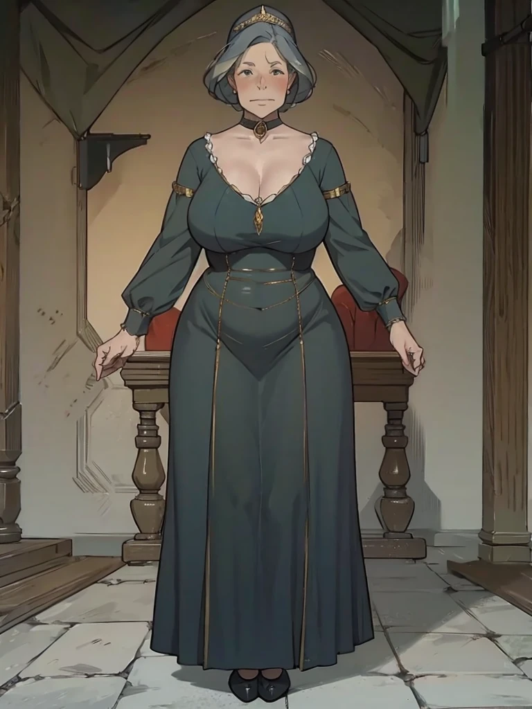 Granny, wearing a slave collar, plump, Dress, medieval fantasy, full body image