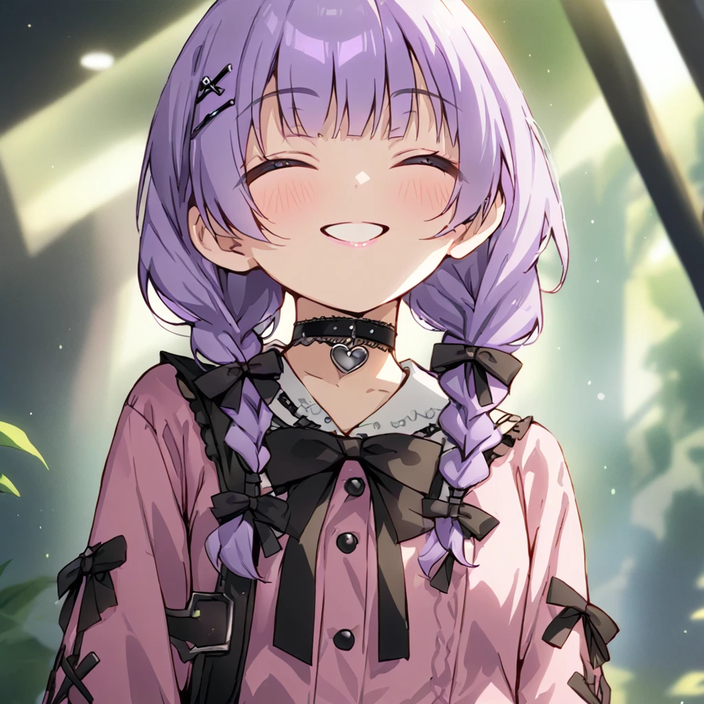 a masterpiece, beautiful eyes, a beautiful face, beautiful depiction, details, ultra detailed, 8K, masterpiece, Angle looking up from below.happy, a girl, kawaii, light atmosphere, mysterious atmosphere, (Cute a girl:1.5), (a girl with closs hair pin,pale purple hair,wavy two braids,bluntbangs hair,green and black eyes,
pink shirt,cosplay, jirai kei, bangs, black skirt, black bow, looking at viewer, bow, long sleeves, choker, ribbon,pink lips,Thick-soled boots,portrait  shot :1.4),boots focus,
(masterpiece:1.3), anime visual, (Lovey-dovey:1.5), (tilt head:1.3), extremely delicate face, soft clean focus, realistic lighting and shading, (an extremely delicate and beautiful art:1.3),a girl closed her eyes, grin, waved,