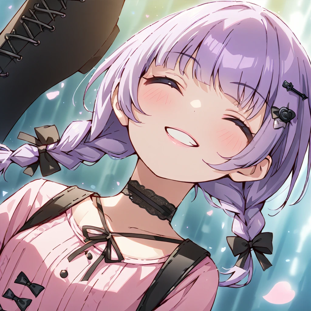 a masterpiece, beautiful eyes, a beautiful face, beautiful depiction, details, ultra detailed, 8K, masterpiece, Angle looking up from below.happy, a girl, kawaii, light atmosphere, mysterious atmosphere, (Cute a girl:1.5), (a girl with closs hair pin,pale purple hair,wavy two braids,bluntbangs hair,green and black eyes,
pink shirt,cosplay, jirai kei, bangs, black skirt, black bow, looking at viewer, bow, long sleeves, choker, ribbon,pink lips,Thick-soled boots,portrait  shot :1.4),boots focus,
(masterpiece:1.3), anime visual, (Lovey-dovey:1.5), (tilt head:1.3), extremely delicate face, soft clean focus, realistic lighting and shading, (an extremely delicate and beautiful art:1.3),a girl closed her eyes, grin, waved,