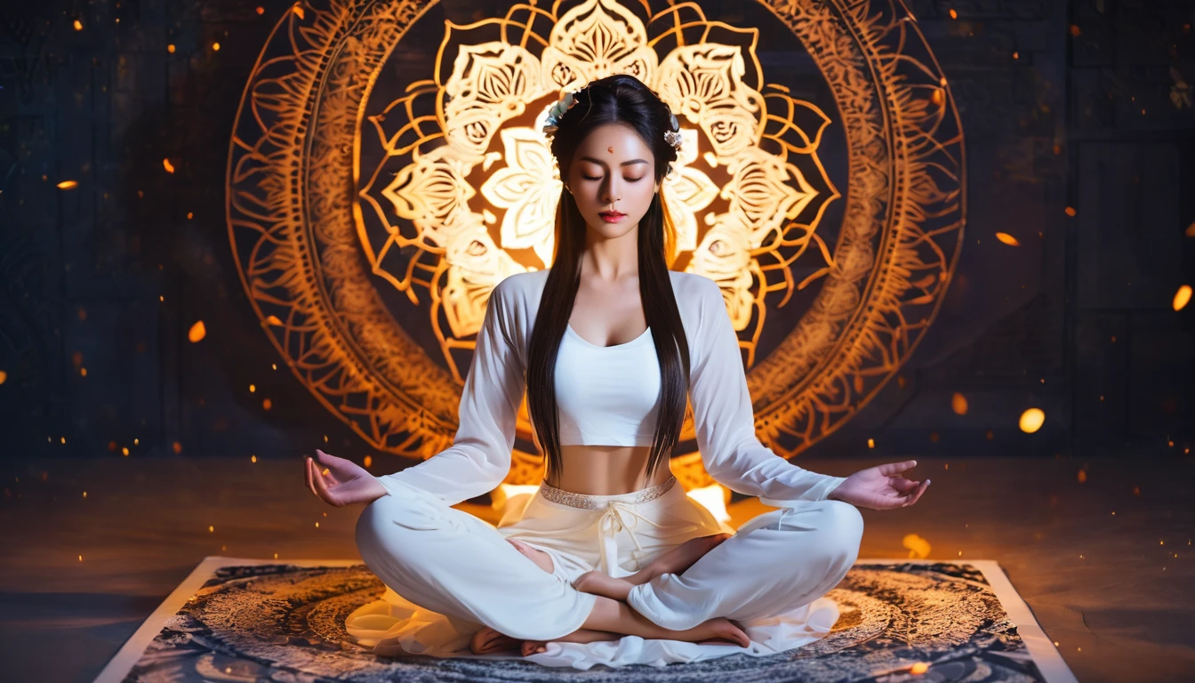 Full body photo of a beautiful woman with long hair in white clothes posing in lotus position, Cinematography, (Sharp focus:1.5), (reality:1.4), dusk lighting, Volumetric lighting, Ultra-high resolution,Dramatic lighting, White Background,（Tangleた，Mandala，Tangle，Entanglement),conversion, Depth of written boundary, Dreamy atmosphere, Chaos in its most beautiful form, Grace, A dark theme with a brutalist design, flowers of death, flowers of ecstasy，Glowing Lines,Glow Example，Tracking example，flash， Backlight，translucent，Particles of light、The background is a mandala