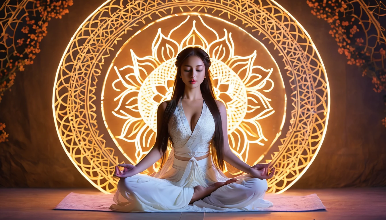 Full body photo of a beautiful woman with long hair in white clothes posing in lotus position, Cinematography, (Sharp focus:1.5), (reality:1.4), dusk lighting, Volumetric lighting, Ultra-high resolution,Dramatic lighting, White Background,(Tangleた,Mandala,Tangle,Entanglement),conversion, Depth of written boundary, Dreamy atmosphere, Chaos in its most beautiful form, Grace, A dark theme with a brutalist design, flowers of death, flowers of ecstasy,Glowing Lines,Glow Example,Tracking example,flash, Backlight,translucent,Particles of light、The background is a mandala