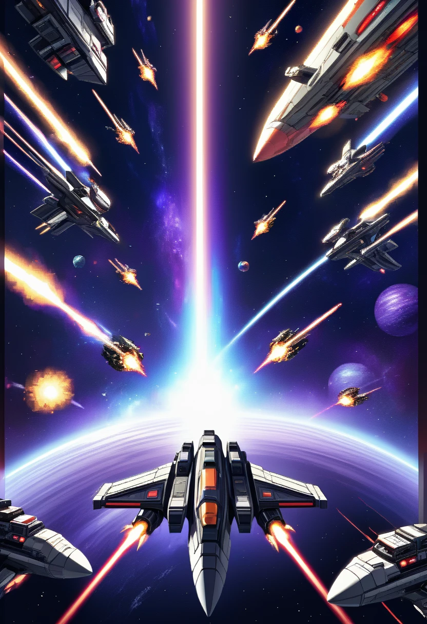 best quality, Electronic games " galaxy " Battle screen, space battle, shooting, 8-bit images, Low, vintage, Powerful effects