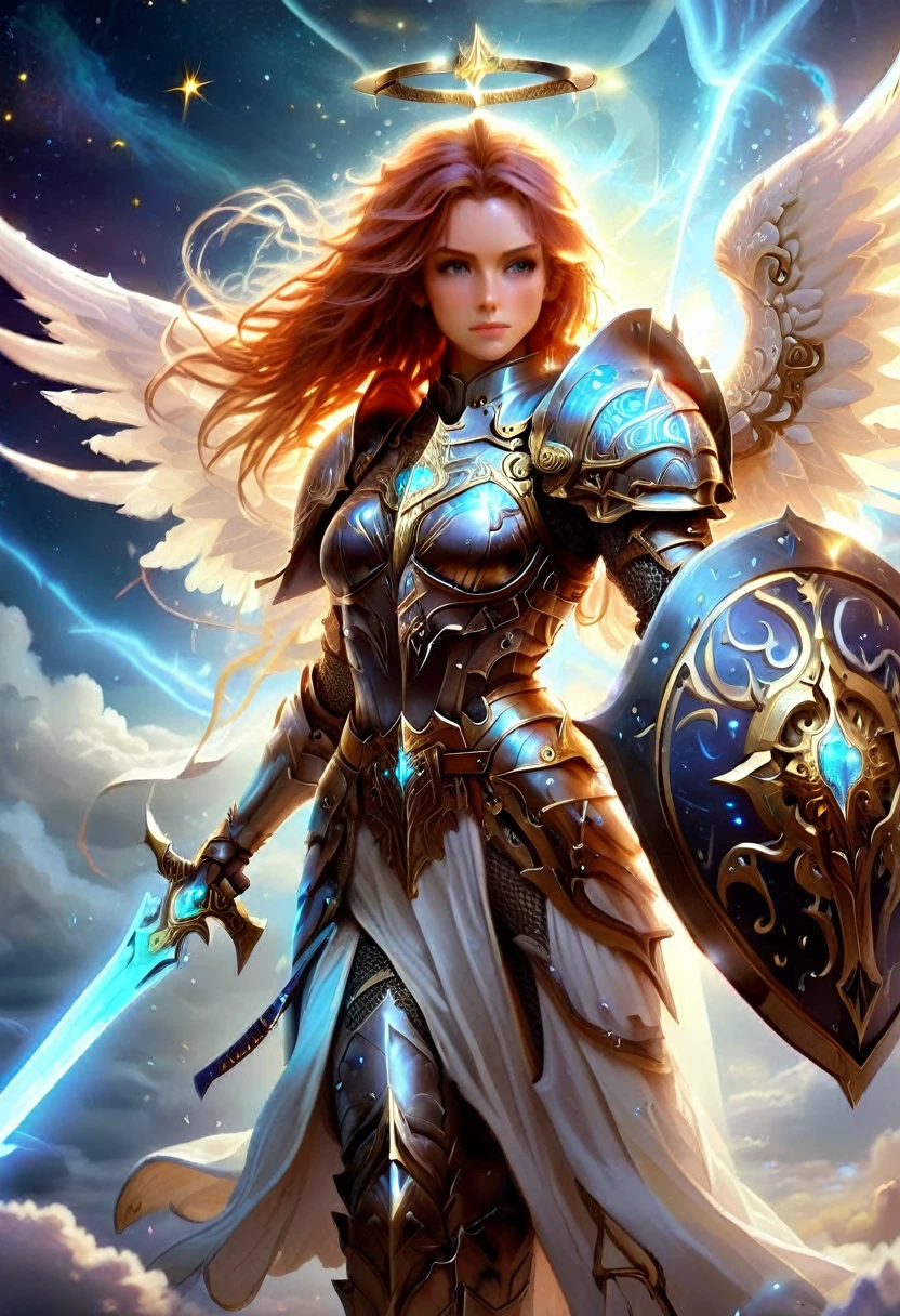 arafed a warrior angel in space battling in the stars, a female angel knight, magnificent beauty, divine beauty, dynamic hair color, dynamic hair color, dynamic eye color, intent gaze, she wears intricate space armor, with intricate mechanic parts, white angelic wings spread, magnificent wings, glorious wings, outer space background, outer space background, stars, aetherpunkai, GlowingRunesAI_paleblue, Sword and shield