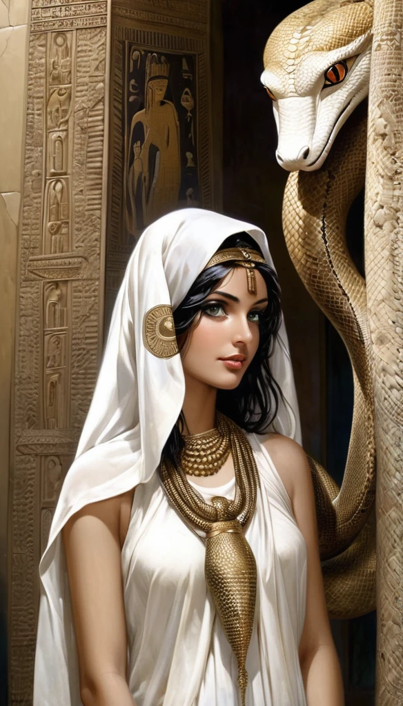 Femme avec une peau de serpent, de l'Égypte antique, dans un temple égyptien, porte une robe blanche épousant le corps, a de long cheveux noirs orné de nombreux bijoux, enceinte de nombreux serpent, a une grosse poitrine gonflé de lait, des crochets de serpent, yeux doré a pupilles reptilienne.