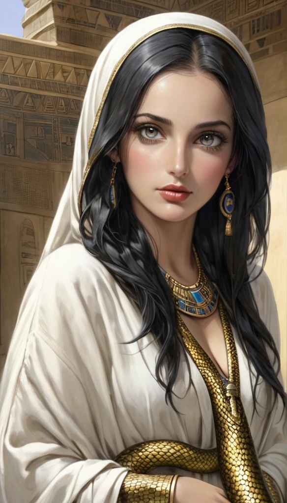Femme avec une peau de serpent, de l'Égypte antique, dans un temple égyptien, porte une robe blanche épousant le corps, a de long cheveux noirs orné de nombreux bijoux, enceinte de nombreux serpent, a une grosse poitrine gonflé de lait, des crochets de serpent, yeux doré a pupilles reptilienne.