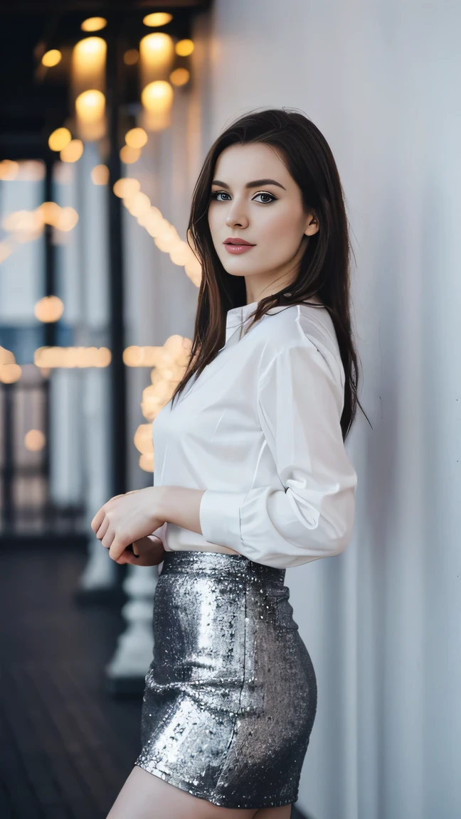 an icelandic woman with beautiful Delicate eyes, Beautiful and delicate lips, Extremely detailed face and skin, Pale skin, 23 years old, Wearing a white shirt, black sequined skirt, skirt, high heels, medium long shot, dancing in the dance hall, beautiful lights, sexy figure, long legs, full body portrait. Beautiful photography,Long eyelashes, Good anatomy , Practical skin texture, Delicate eyes, professional, 4K, Wide-angle lens, Optical Depth of Field, Kodak Vision Color, Perfectly proportioned body, Extremely detailed, ultra-photoPractical, Practical, Post-Processing, Maximum details, Roughness, real life, ultra -Practical, Photorealism, photography, 8K Ultra HD, photography