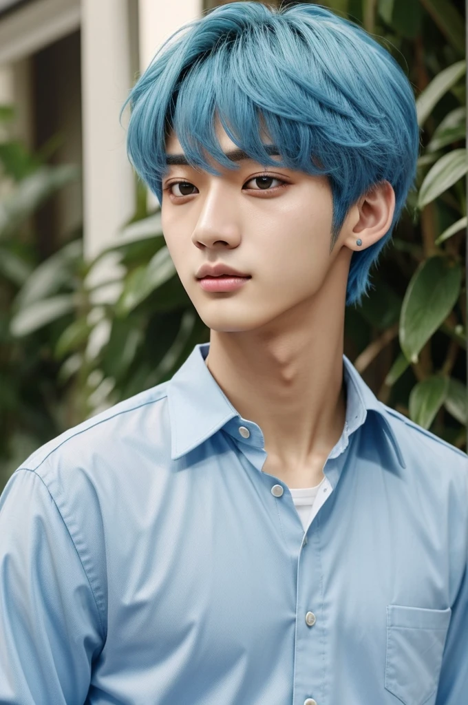 His name is Huening Kai Kamal, He has brown eyes and light blue hair., He has white skin and is very handsome. He belongs to a male Kpop group called Tomorrow x together. (TXT)
