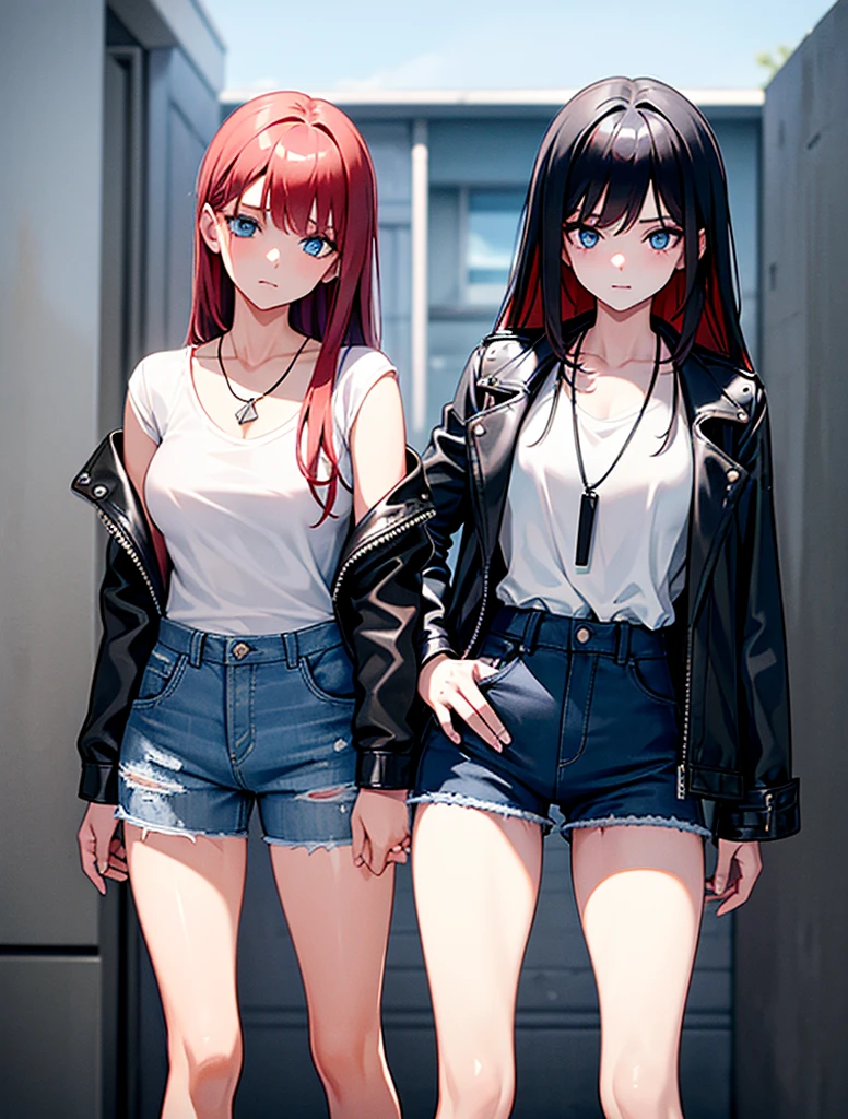 Two young girls, a young red-haired girl with blue eyes wearing a black leather jacket and a short white shirt with short blue denim shorts, and the second girl, a -yeld giwith long gray hair., blue eyes white short shirt with side pendants, strong blue jeans