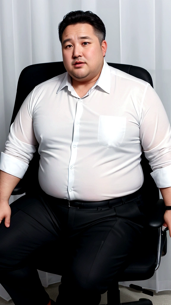 high quality,ultra detailed,best quality,Fat man,50 years old,detailed face,white business shirt transparent with sweat,Black slacks,office,sitting on chair,full body, Sweaty,chubby,