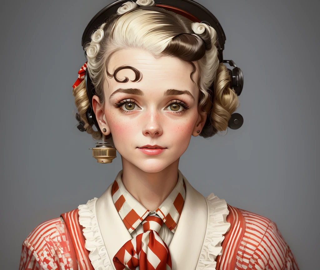 there is a woman with curlers on her head and a tie around her neck, in Norman Rockwell style, realistic studio portrait, norman rockwell style, real life portrait, inspired by Norman Rockwell, non-craola style portrait, Norman Rockwell style, portrait n - 9, true-to-life portrayal, norman rockwell artwork style, realistic self portrait, by Ben Zoeller