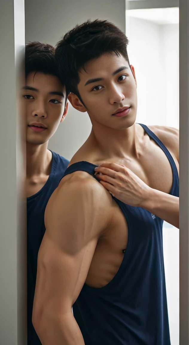 Two male lovers in their 20s taking a photo...., Wear a navy shirt......................, high resolution, masterpiece, best quality, head:1.3,((Hasselblad photos)), delicate skin, Full chest muscles，abdominal muscles，topless，very handsome，clear focus, (Cinema lighting), night, soft light, dynamic angle, [:(Detailed face:1.2):0.2],(((exercise))), Sporty, Arm muscles are big........., hands on hips.