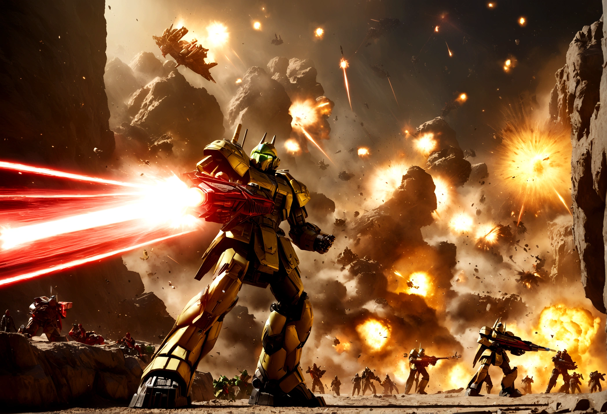 a highly detailed, epic space battle scene, a robotic Coca-Cola army with striking red and white colors battling against the robotic samurai warriors of the Mountain Dew clan with their iconic green and yellow color scheme, massive spaceships firing powerful laser beams, rocket thrusters, explosions, detailed futuristic technology, cinematic lighting, photorealistic, 8k, hyper detailed
