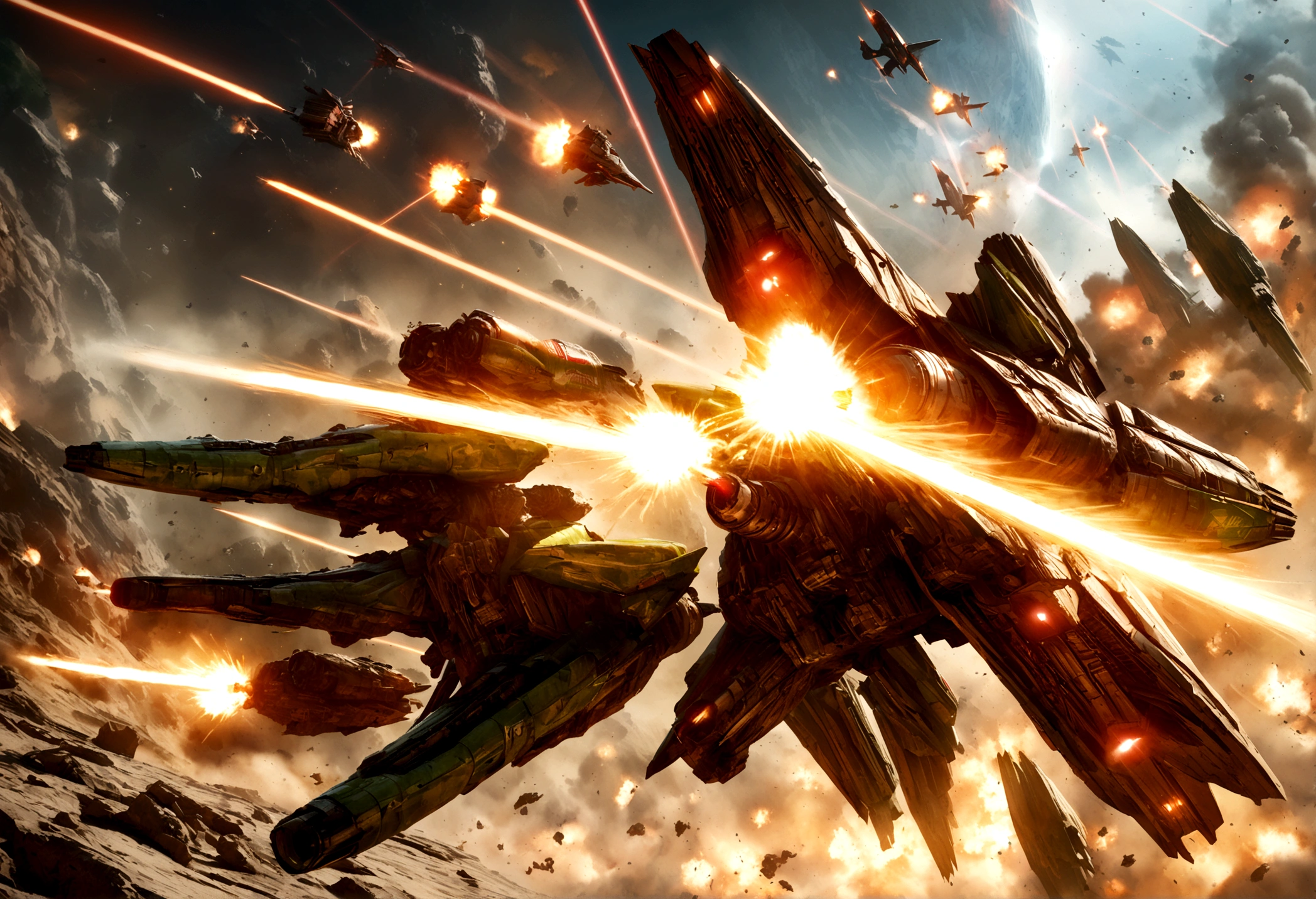 a highly detailed, epic space battle scene, a robotic Coca-Cola army with striking red and white colors battling against the robotic samurai warriors of the Mountain Dew clan with their iconic green and yellow color scheme, massive spaceships firing powerful laser beams, rocket thrusters, explosions, detailed futuristic technology, cinematic lighting, photorealistic, 8k, hyper detailed
