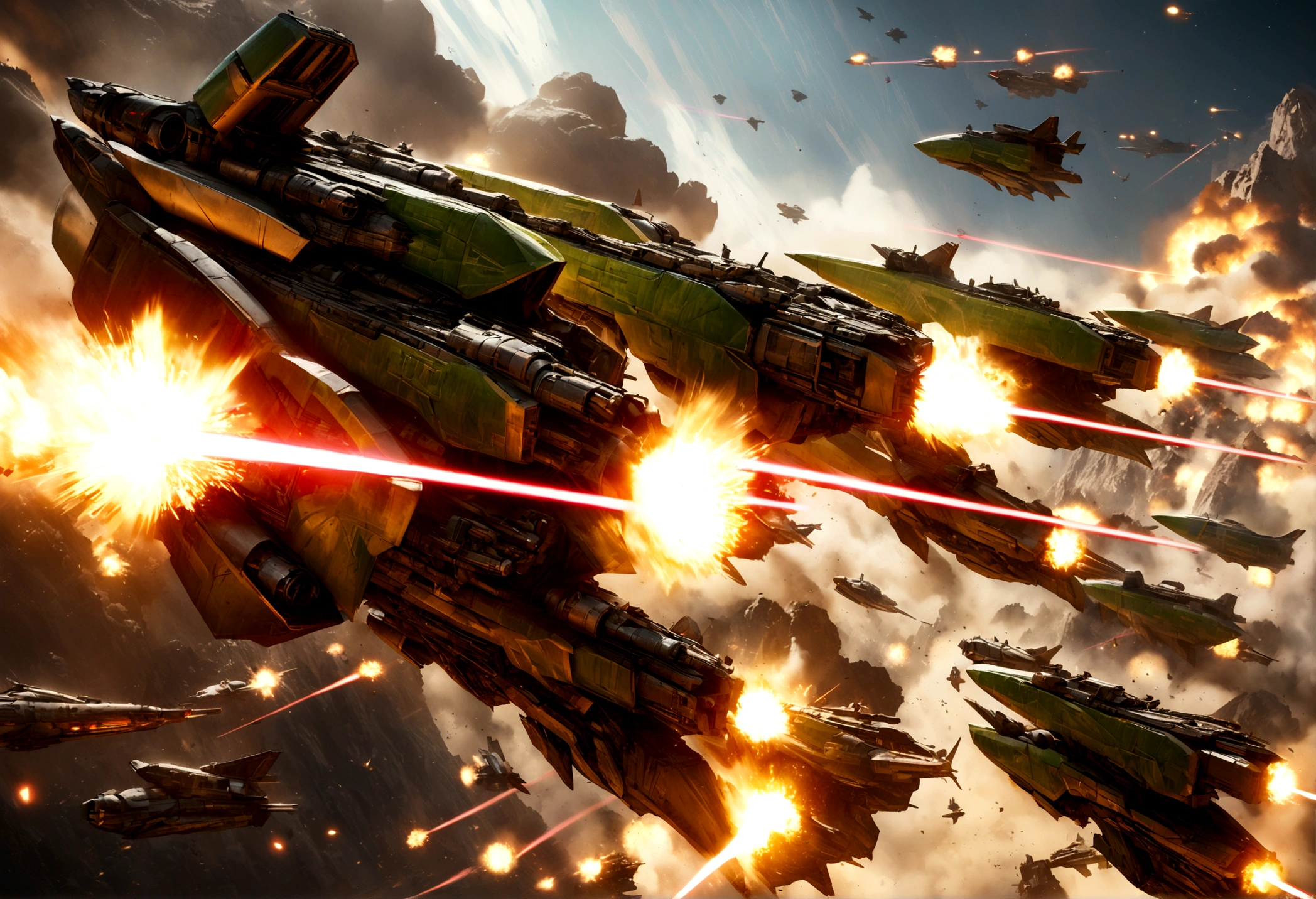 a highly detailed, epic space battle scene, a robotic Coca-Cola army with striking red and white colors battling against the robotic samurai warriors of the Mountain Dew clan with their iconic green and yellow color scheme, massive spaceships firing powerful laser beams, rocket thrusters, explosions, detailed futuristic technology, cinematic lighting, photorealistic, 8k, hyper detailed