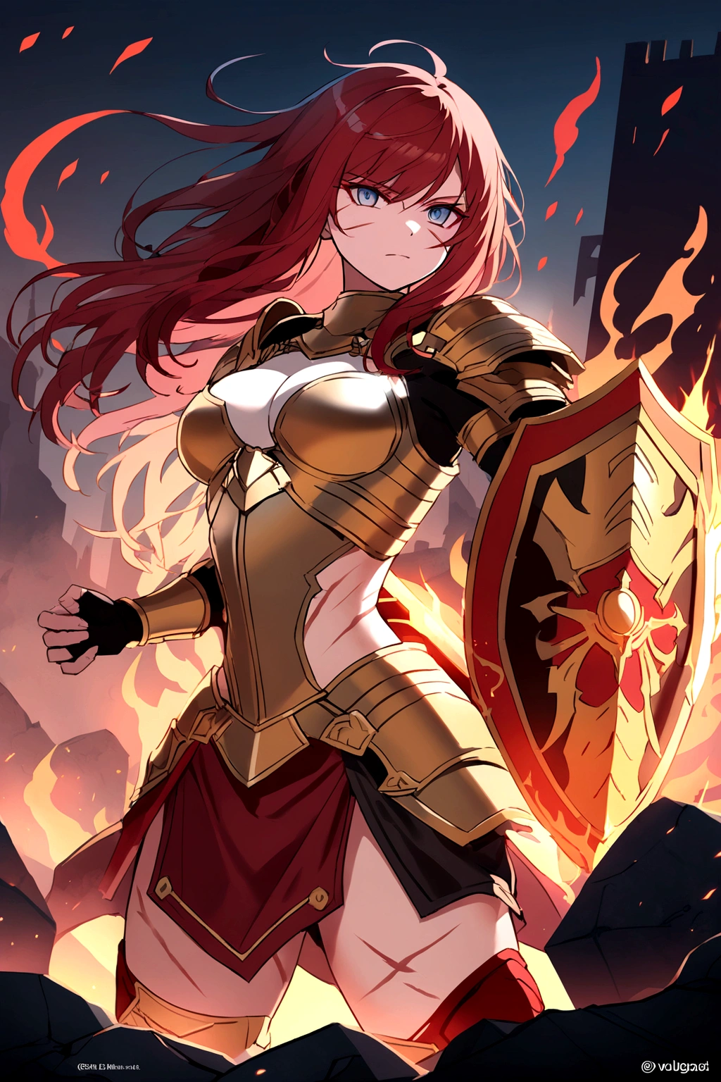 female greek-spartan warrior, long red hairs, blue eyes, heroic, battle scars, highly detailed portrait, comic, intricate armor, fierce expression, battle-ready pose, dramatic lighting, deep red and gold color palette, volumetric fog, dark fantasy style, in flames, burning, spear, shield