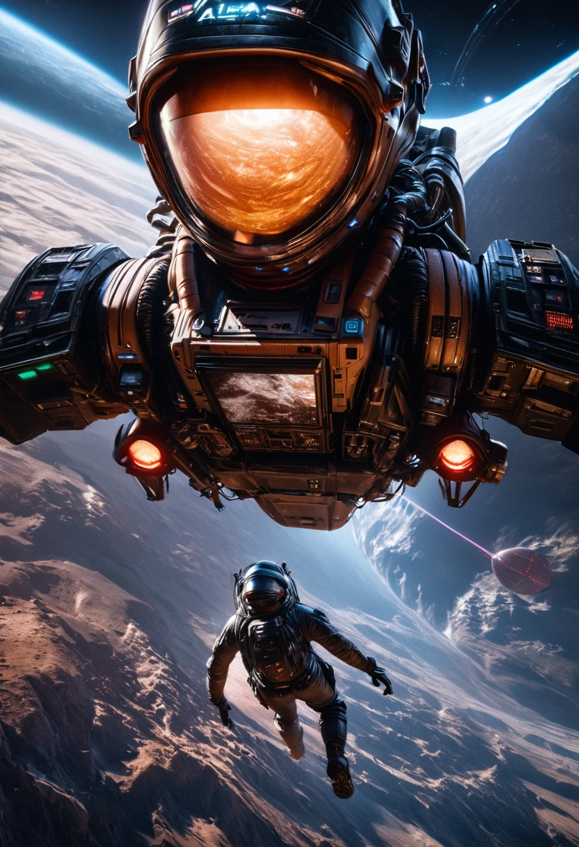 A futuristic astronaut, advanced alien technology, satellite, (best quality,4k,8k,highres,masterpiece:1.2),ultra-detailed,(realistic,photorealistic,photo-realistic:1.37),cinematic lighting,highly detailed cyberpunk suit,glowing alien tech,floating satellite,holographic displays,advanced spacecraft,epic sci-fi landscape,dramatic lighting,moody colors,deep space background