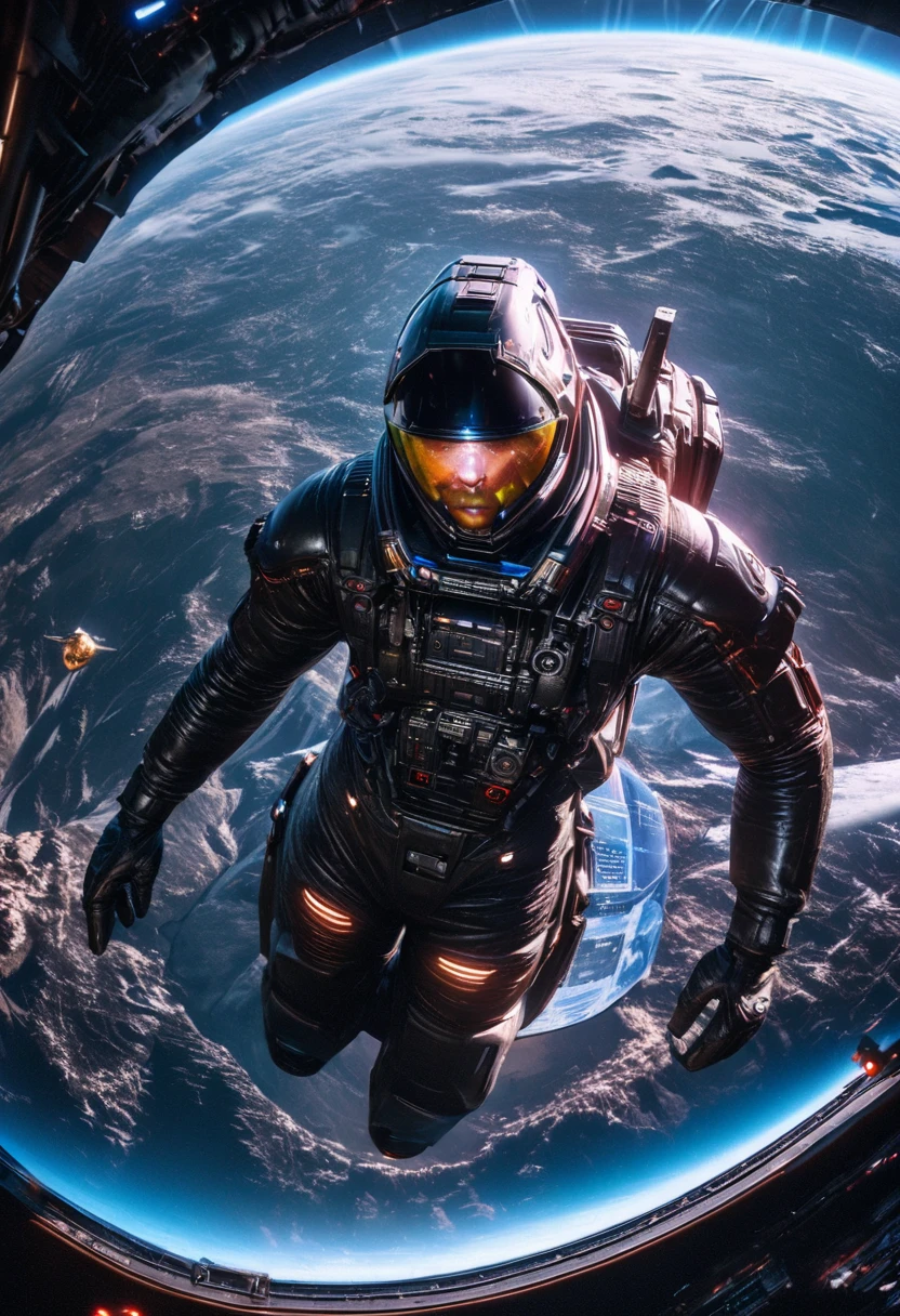 A futuristic astronaut, advanced alien technology, satellite, (best quality,4k,8k,highres,masterpiece:1.2),ultra-detailed,(realistic,photorealistic,photo-realistic:1.37),cinematic lighting,highly detailed cyberpunk suit,glowing alien tech,floating satellite,holographic displays,advanced spacecraft,epic sci-fi landscape,dramatic lighting,moody colors,deep space background