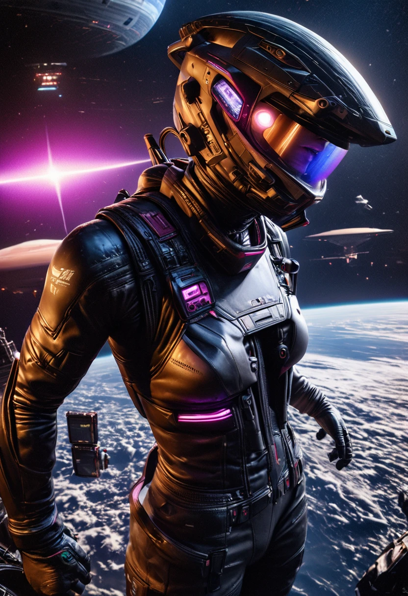 A futuristic astronaut, advanced alien technology, satellite, (best quality,4k,8k,highres,masterpiece:1.2),ultra-detailed,(realistic,photorealistic,photo-realistic:1.37),cinematic lighting,highly detailed cyberpunk suit,glowing alien tech,floating satellite,holographic displays,advanced spacecraft,epic sci-fi landscape,dramatic lighting,moody colors,deep space background