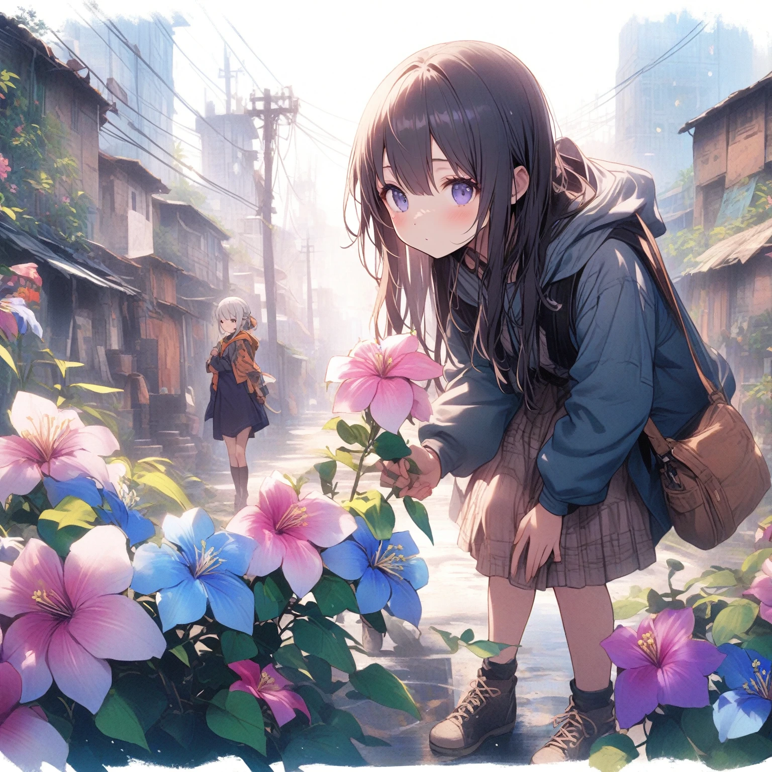 1girl、clematis、Street children in the slums、beggar、「The beauty of the spirit」「Traveler's Joy」「Gambit」、tegaki、masterpiece, best quality, very aesthetic, absurdres, highly detailed,