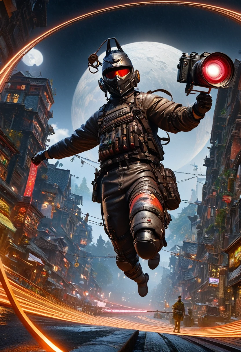 (Full body, (Dynamic poses), Action poses), (Rim Light, Studio Lighting, Distant moonlight, night, bloom), (Movie, best quality, masterpiece, Ultra HD Textures, Very detailed, Surrealism, Intricate details, 8K, Reality, Concept Art, Painted landscapes, autodesk maya, Vray rendering, Ray Tracing, Human Development Report), (Digital SLR Camera, Full Frame, 16mm Focal length, F/8 aperture, Dynamic perspective, Dynamic Angle, Golden Ratio, Wide-angle photography, wide Field oF view, deep depth oF Field, Zoom out) Technical clothing, City Samurai 3D, Realistic cyber helmet