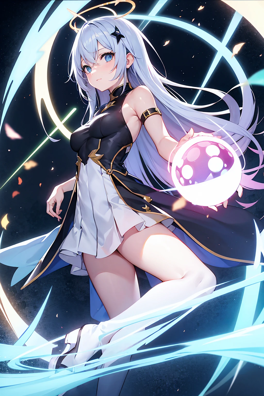 best quality, 32k, RAW photo, cute magical girl who can control darkness, control light, control water, control fire, control earth, and control wind, incredibly absurdres, extremely detailed, delicate texture, delicate, flashy and dynamic depiction, BREAK , kaleidoscope, huge magic circle, pale full moon, static electricity, electric discharge, geometric pattern, irregularity, mysterious, sign of something happening, wide space at night, night sky, colorful, digital, art, BREAK , background galaxy, rainbow colors neon line light, image processing with mysterious effects
