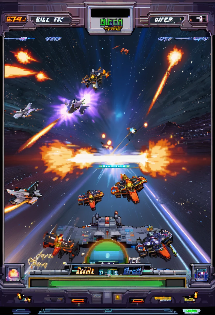 best quality, Electronic games " galaxy " Battle screen, space battle, shooting, 8-bit images, Low, vintage, Powerful effects