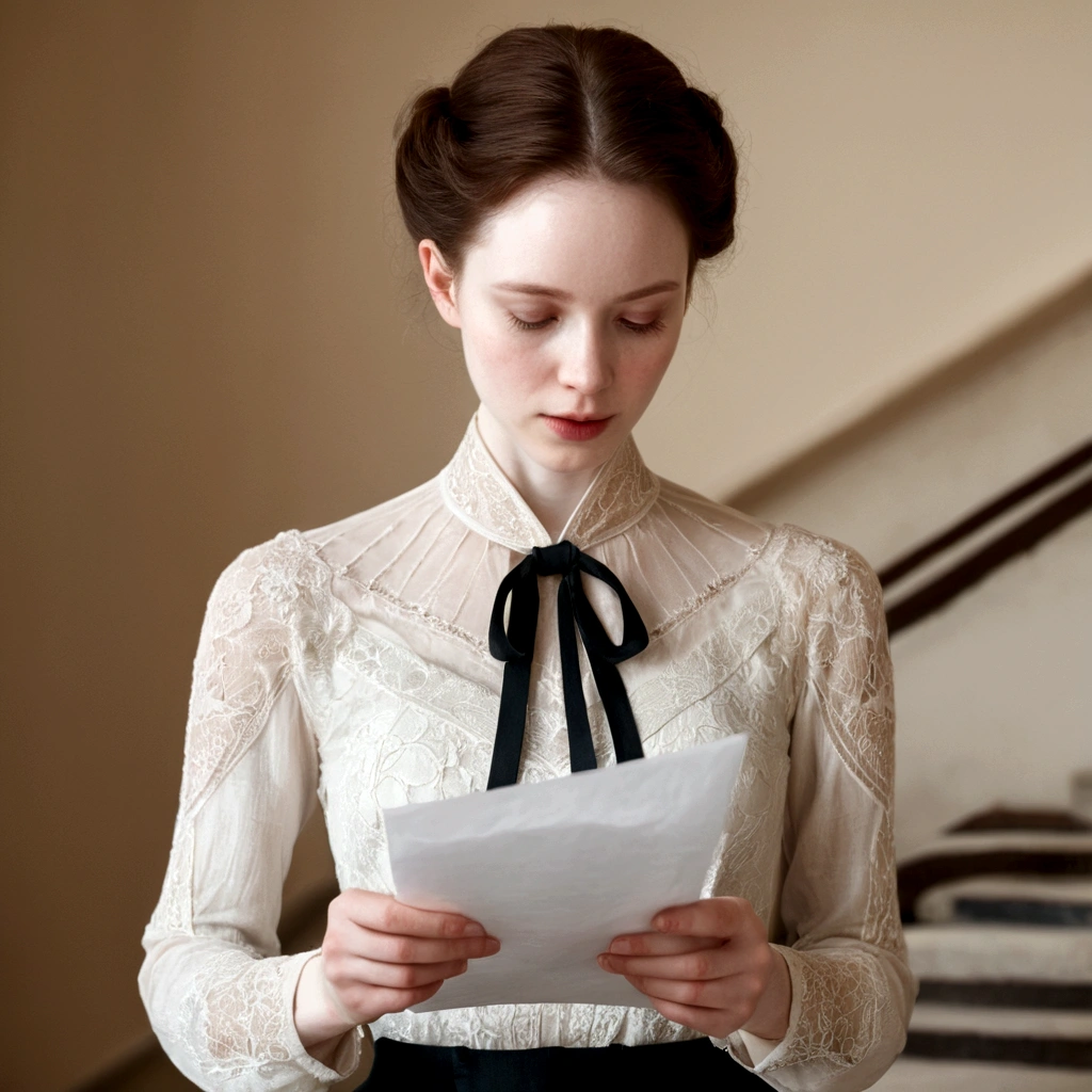 A delicate woman with pale skin, She wears a social outfit and is looking at a paper in her hands.
