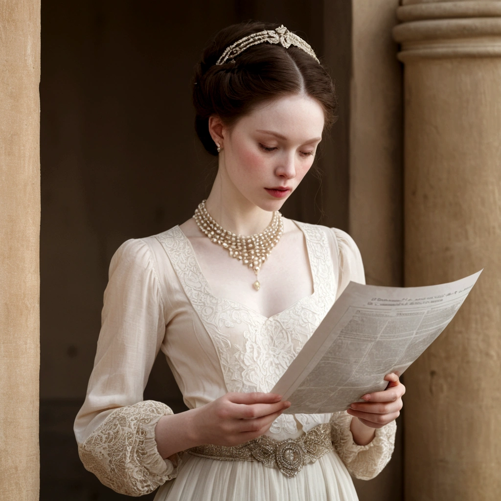A delicate woman with pale skin, She wears a social outfit and is looking at a paper in her hands.