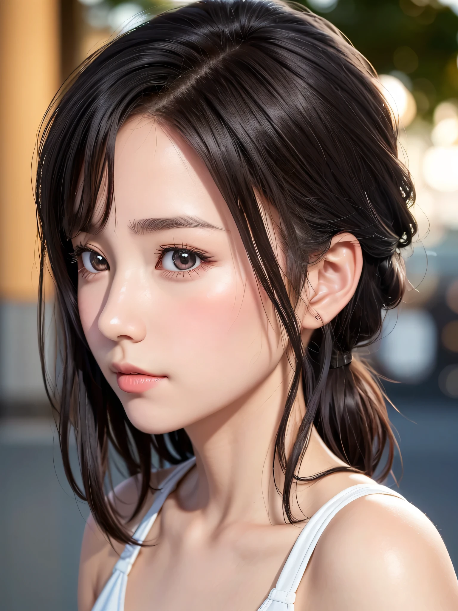 One Girl，(1人のとてもcute女の子:1.3)，masterpiece，Highest quality，High resolution，From below，Low Angle，Realistic，RAW Photos，Ray Tracing，beautiful girl，(15 years old:1.3)，cute，Big eyes，(Detailed pupil:1.2)，(Turn your face to the side:1.3)，Body facing forward，Beautiful Nose，High nose，nose pointed upwards，Fuller lips，Short black hair，ponytail，short hair，Fine eyelashes，Thin eyebrows，Definition of very fine particles，(profile:1.3)，(Face close-up，Face Focus:1.0)，Small breasts，Short neck，White swimsuit，White Bikini，The background is the sea，Southern Island，sunset，sunset，Portraiture，Look to the side，Upper Body，Cinema Lighting，High resolution，Very detailed