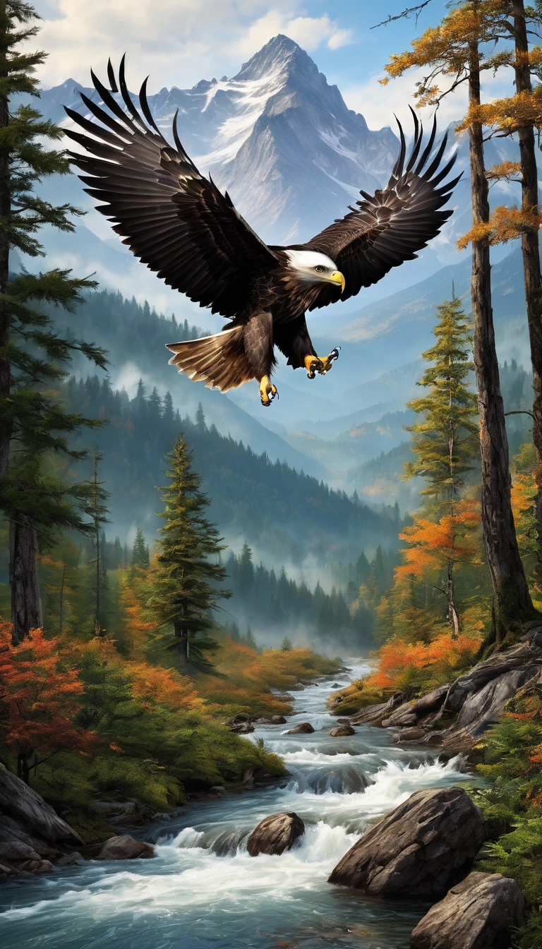 Mountains and forests,There is a kind of beast,Looks like a hawk,The eagle's claws are like a pair of human hands(best quality,4K,8K,High level,masterpiece:1.2),Ultra Detailed,(lifelike,Photo real,Photo real:1.37),Highly detailed animals,Realistic lighting,Fantasy Creatures