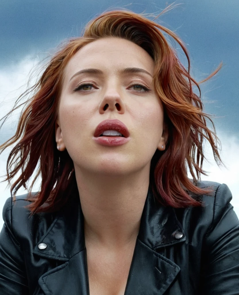 1 girl. Scarlett Johanson. Red hair. Black jacket. Neckline. Sweating. Perspiration. Wet. Orgasm face. Open mouth. Looking to the camera. Cloudy sky. Looking down. Low angle. At chest height. ((View from below))