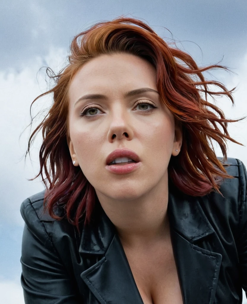 1 girl. Scarlett Johanson. Red hair. Black jacket. Neckline. Sweating. Perspiration. Wet. Orgasm face. Open mouth. Looking to the camera. Cloudy sky. Looking down. Low angle. At chest height. ((View from below))