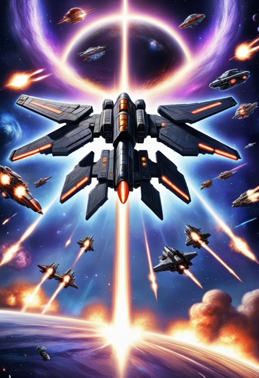 best quality, Electronic games " galaxy " Battle screen, space battle, shooting, 8-bit images, Low, vintage, Powerful effects