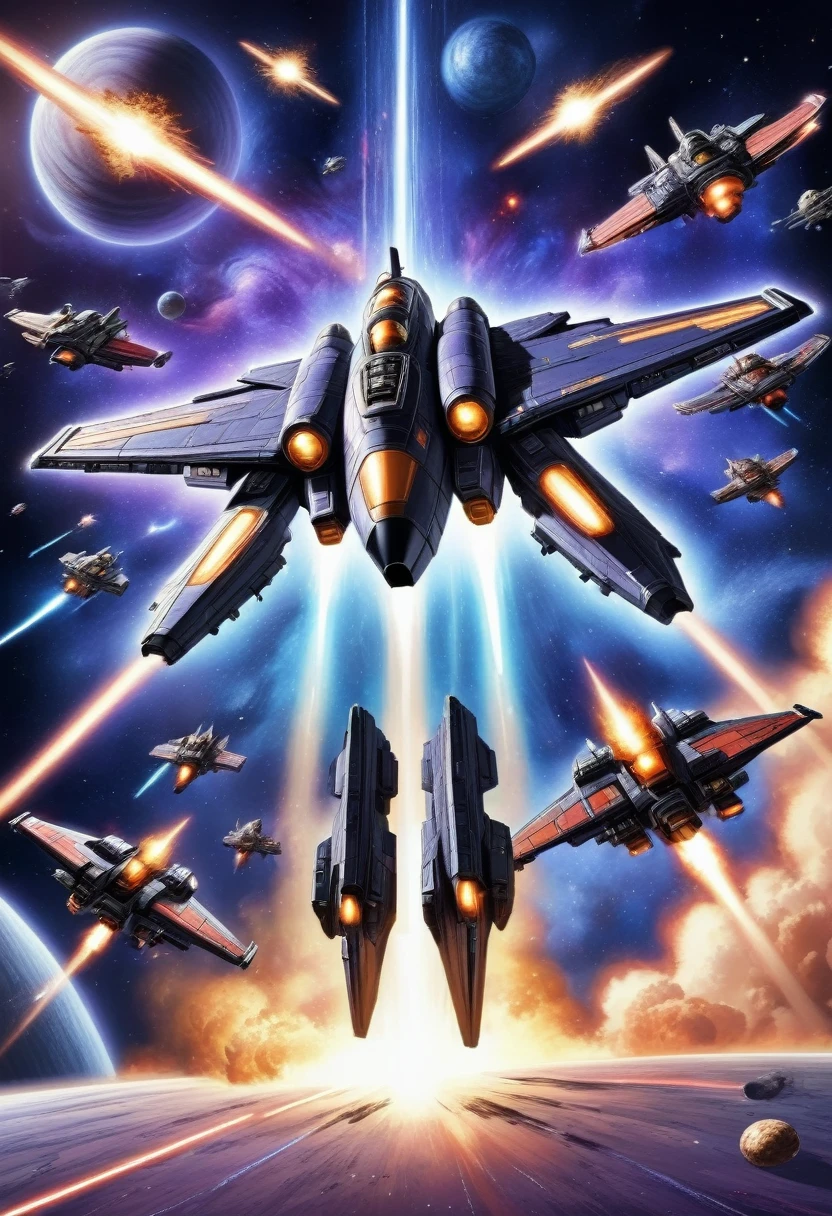 best quality, Electronic games " galaxy " Battle screen, space battle, shooting, 8-bit images, Low, vintage, Powerful effects