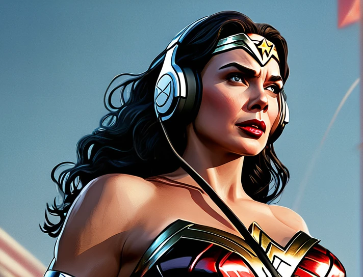a close up of a wonder woman - woman with headphones on, poster art by Greg Rutkovisk, trending on cgsociety, digital art, marvel art, marvel style, portrait of wonder woman, futuristic style wonder woman, marvel superhero, style of marvel, marvel comic style, super hero art, wonder woman in the moshpit,dc comics dslr hdr plus, marvelous expression, wonder woman, cinematic, best quality unreal engine 5.3, dramatic dynamic, octane render, full body