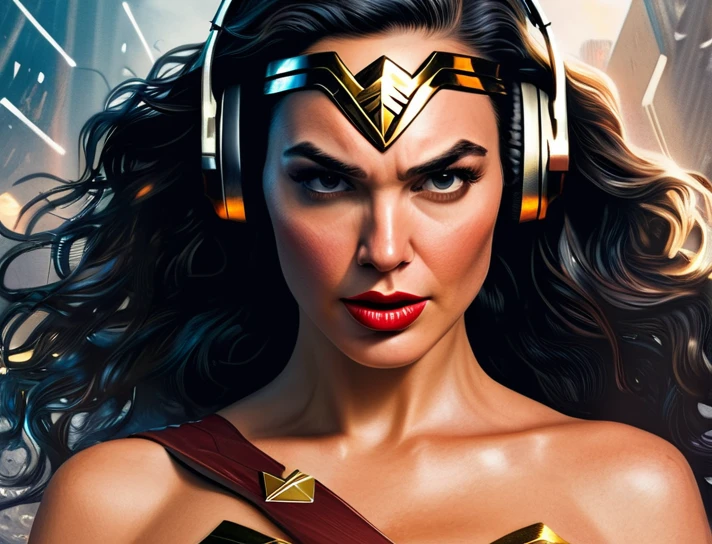 a close up of a wonder woman - woman with headphones on, poster art by Greg Rutkovisk, trending on cgsociety, digital art, marvel art, marvel style, portrait of wonder woman, futuristic style wonder woman, marvel superhero, style of marvel, marvel comic style, super hero art, wonder woman in the moshpit,dc comics dslr hdr plus, marvelous expression, wonder woman, cinematic, best quality unreal engine 5.3, dramatic dynamic, octane render, full body