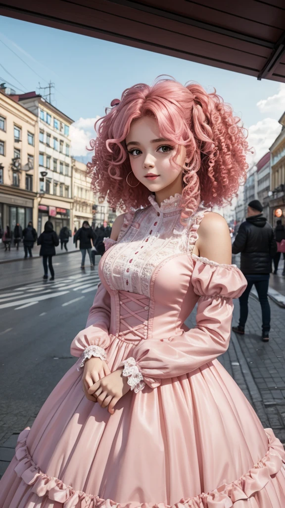 a girl with curly pink hair in a fluffy ball gown in the middle of the city of Zaporozhye