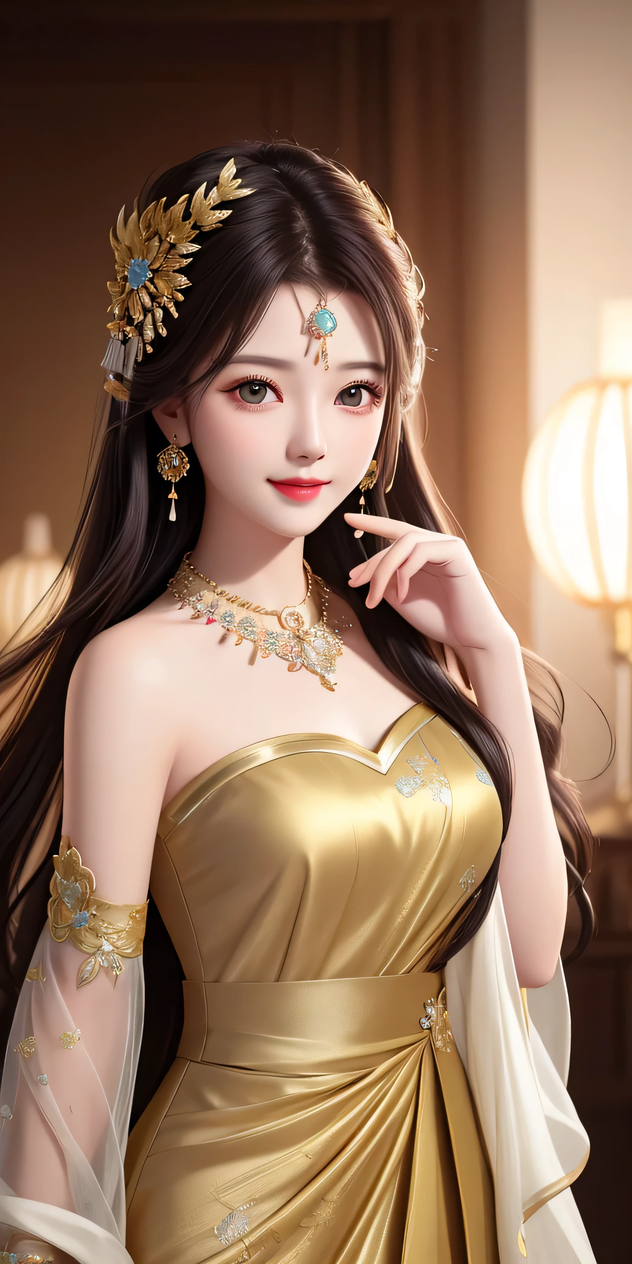 best quality, masterpiece, highres, 1girl, transparent silk china dress, beautiful face, hair ornament, looking at viewer, smile, closed mouth,lips, dress,hair ornament, necklace, jewelry, long hair, earrings, Beautiful face,upon_body, tyndall effect,photorealistic, dark studio, rim lighting, two tone lighting,(high detailed skin:1.2), 8k uhd, dslr, soft lighting, high quality, volumetric lighting, candid, Photograph, high resolution, 4k, 8k, Bokeh
